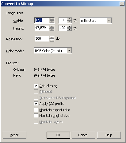 Диалоговое окно Convert to Bitmap